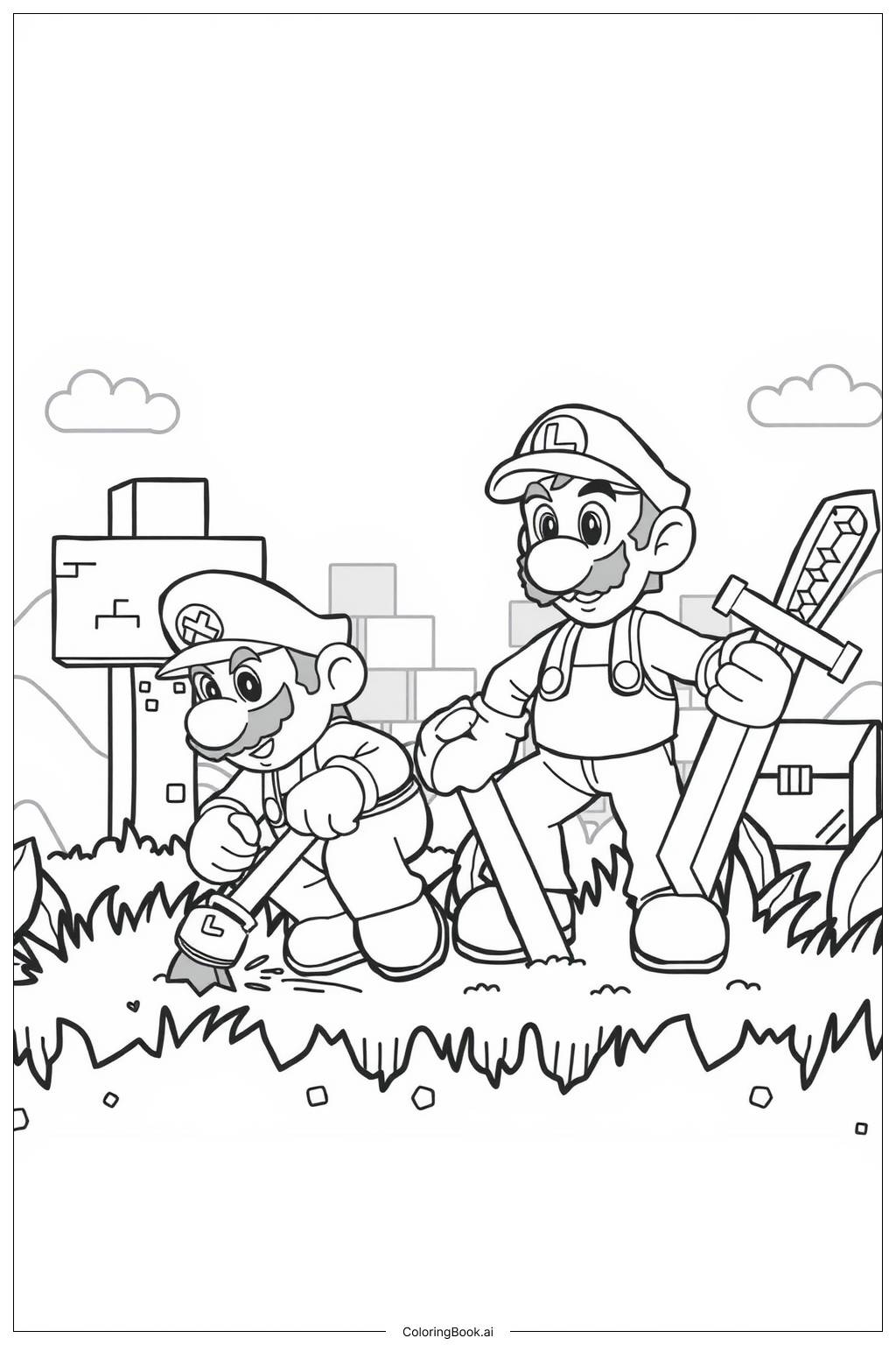  Page de coloriage Mario et Luigi jouant dans un monde inspiré de Minecraft 