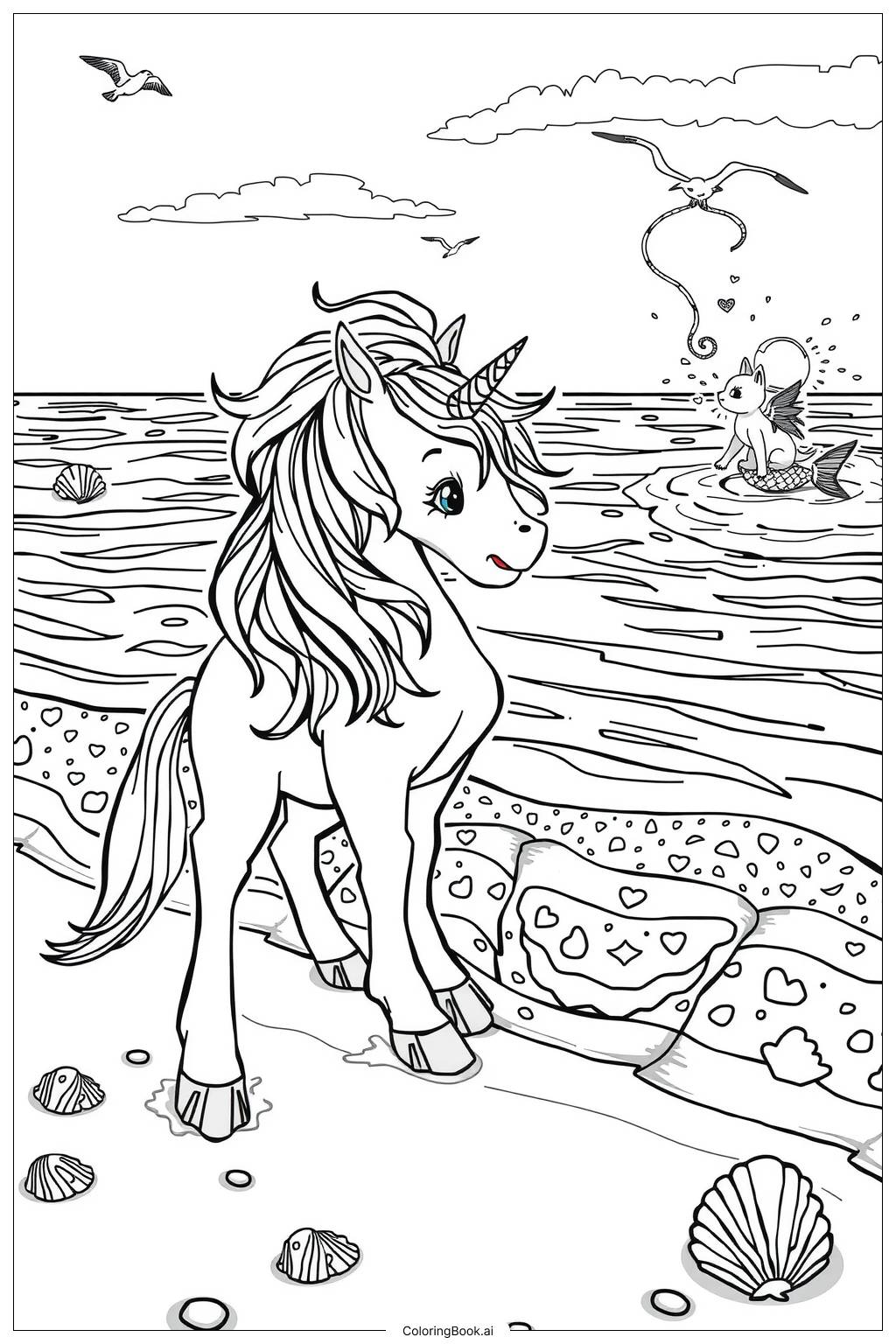  Page de coloriage licorne et petite sirène chat jouant sur la plage-2 