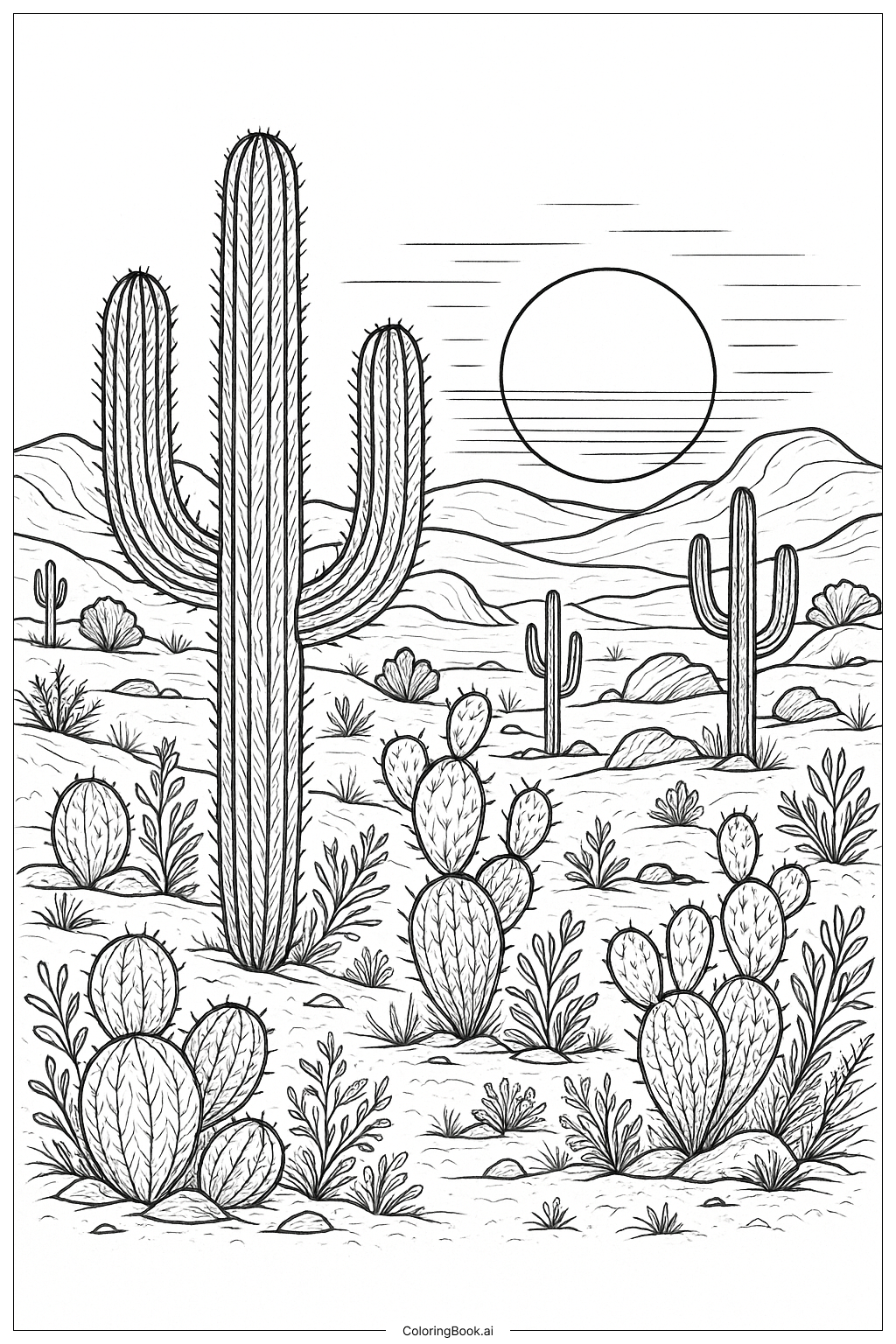  Página para colorir de Cena de Cacto ao Pôr do Sol no Deserto 