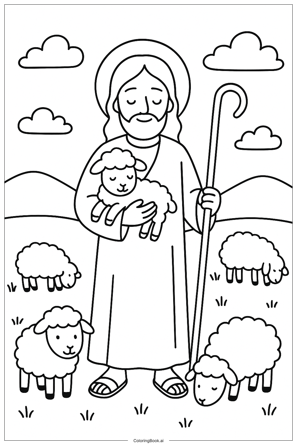  Página para colorear de Jesús, el Buen Pastor en un paisaje detallado 