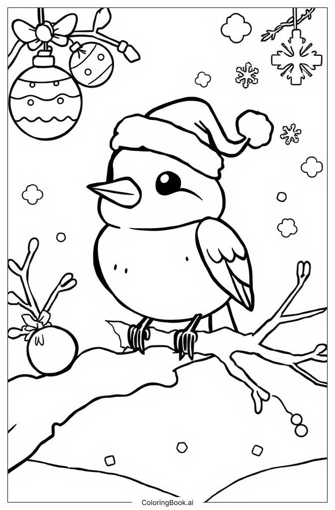  Página para colorear de Escena de pájaros navideños 