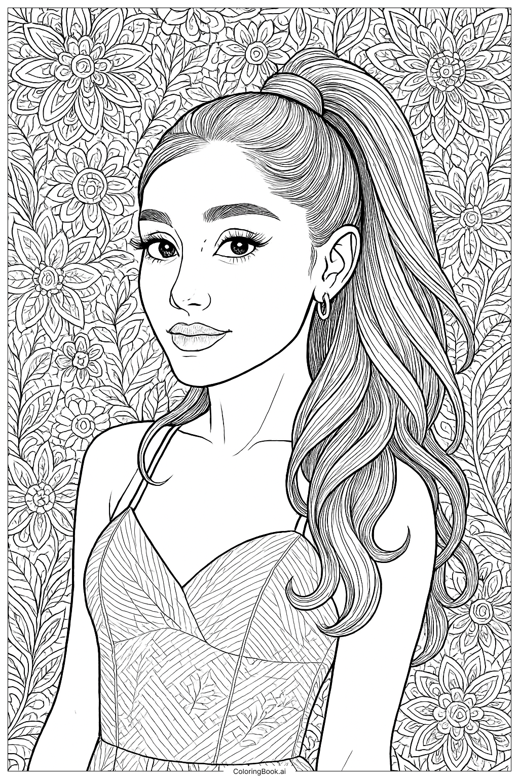  Página para colorear de Ariana Grande con fondo floral intrincado 