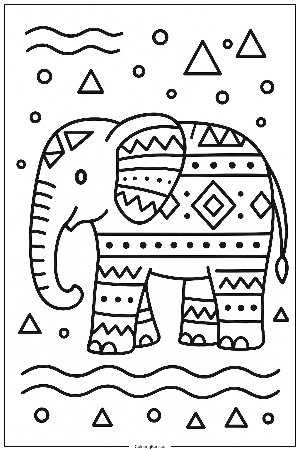  Elefant mit tribalem Kunstwerk Ausmalseite 
