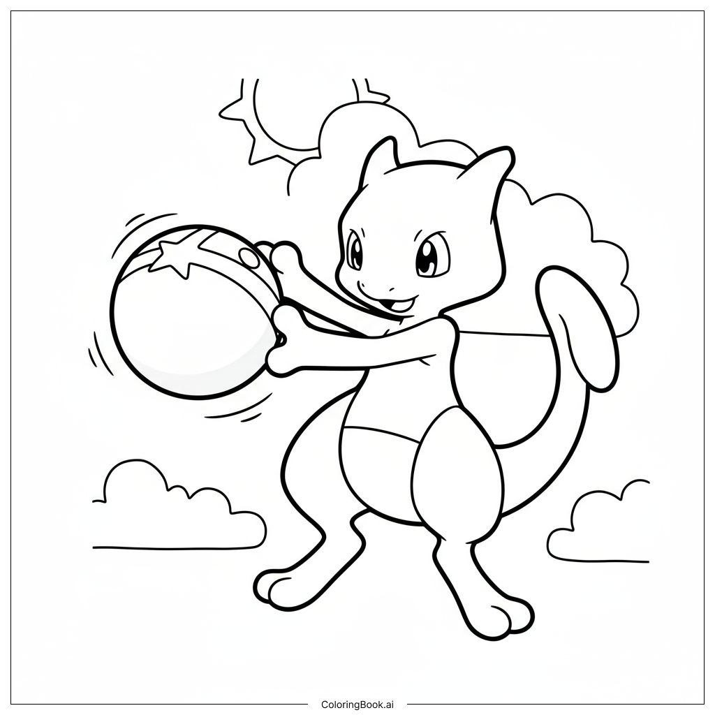  Page de coloriage Mewtwo joueur lançant une balle à motifs d'étoiles 