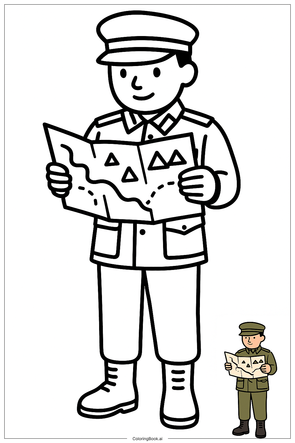  Page de coloriage Officier de l'armée lisant une carte 