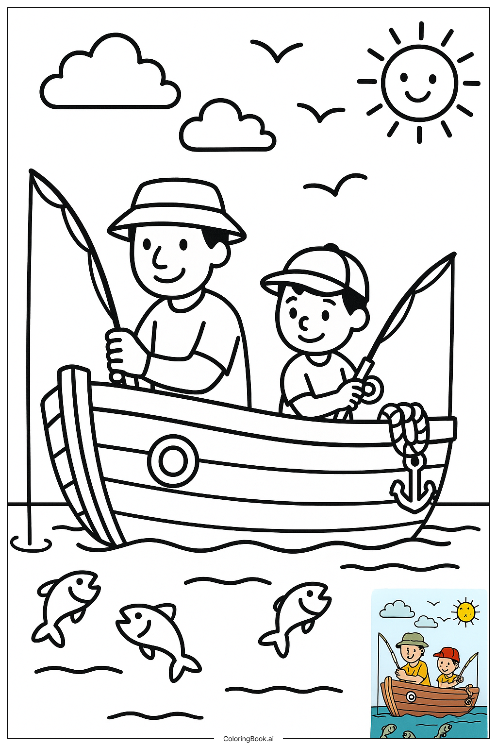  Página para colorir de Cena de Pesca do Dia dos Pais 