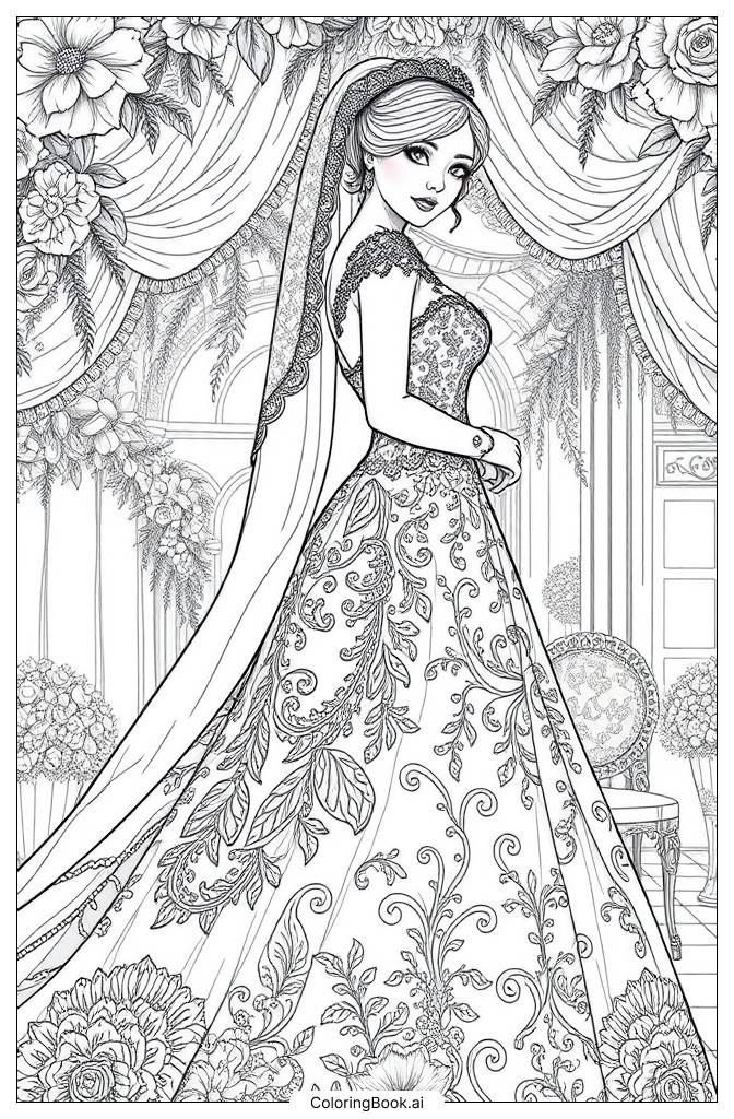  Página para colorear de Boceto de vestido de novia 