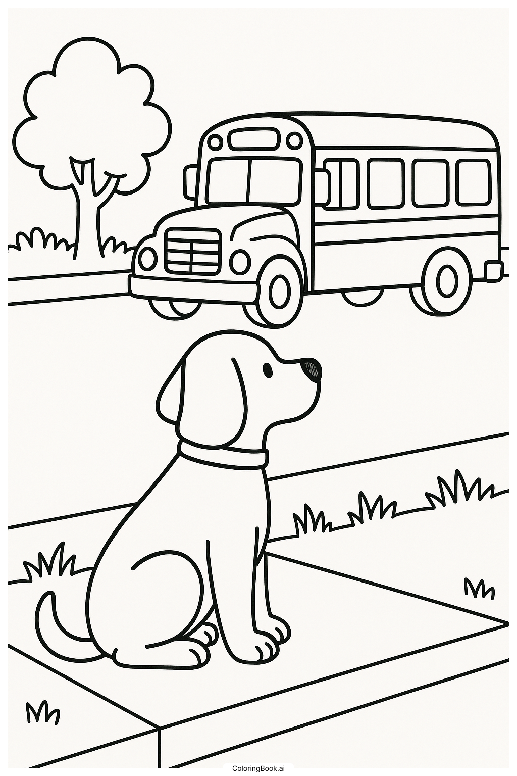  Ein Hund, der einen Schulbus beobachtet Ausmalseite 