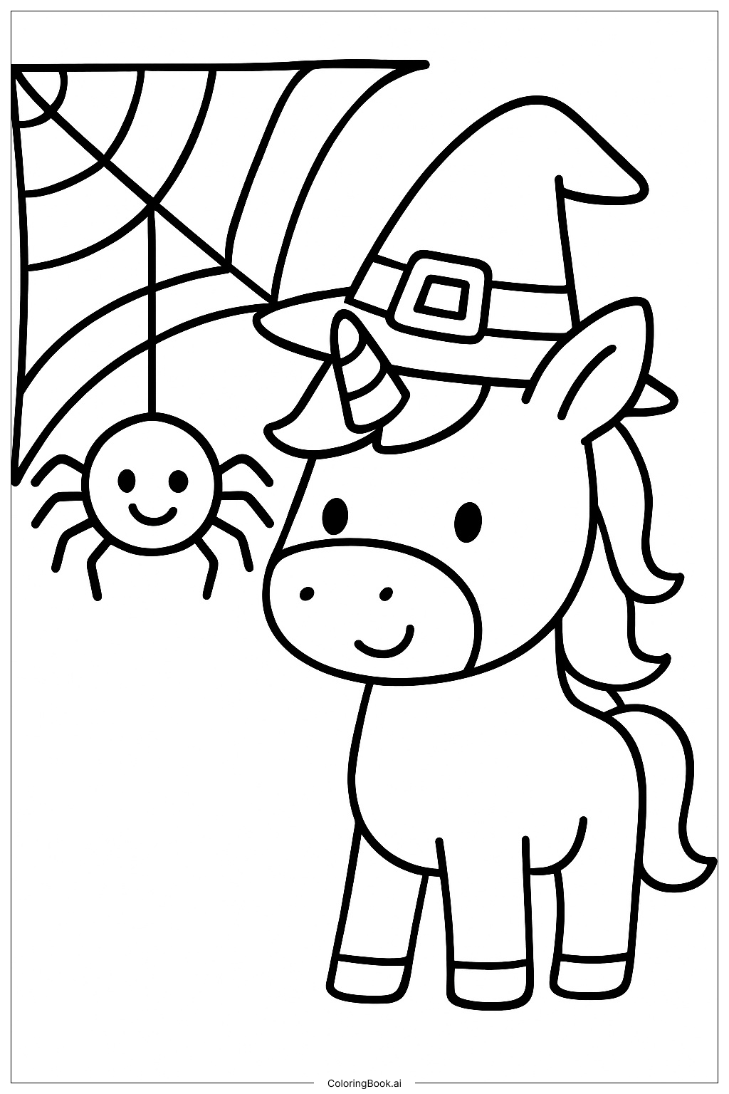  ユニコーンのハロウィンと仲良しのクモの巣の塗り絵ページ 
