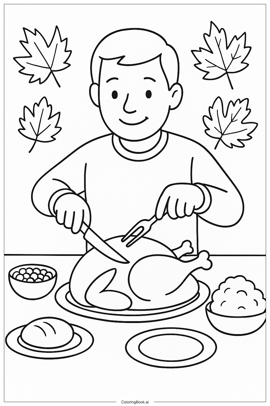  Página para colorear de Papá Cortando el Pavo de Acción de Gracias 