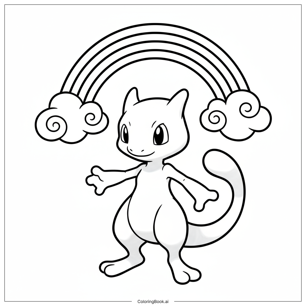 Mewtwo Heureux Debout Sous Un Arc-en-Ciel Adorable