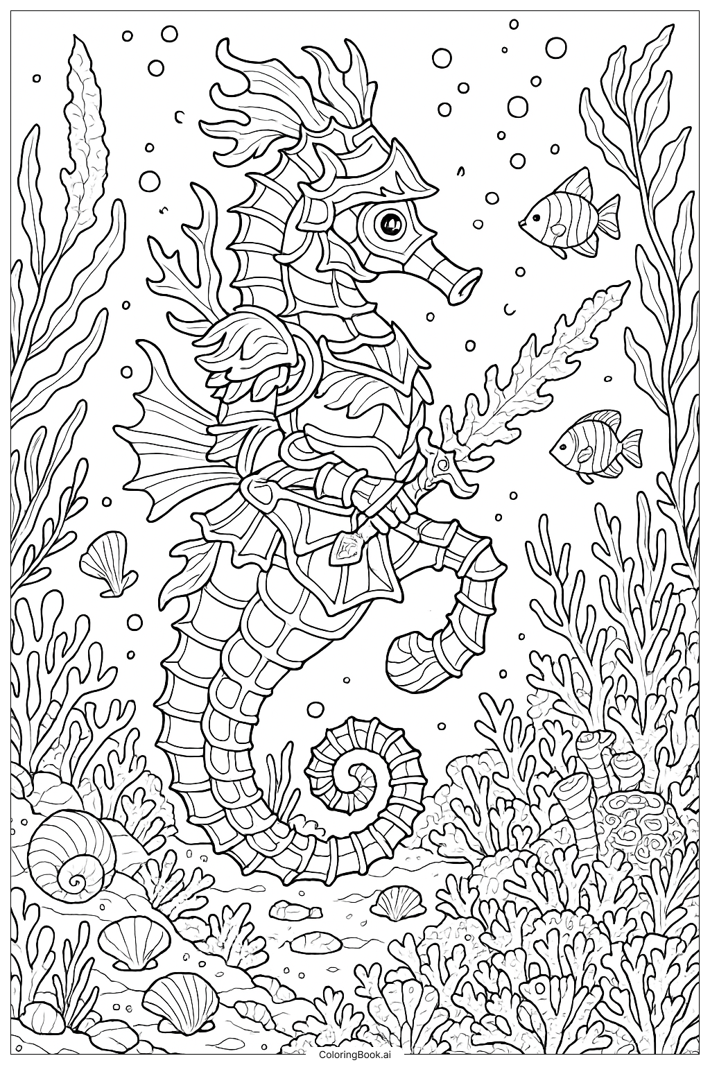 Página para colorear de Caballero Caballito de Mar con Armadura de Algas