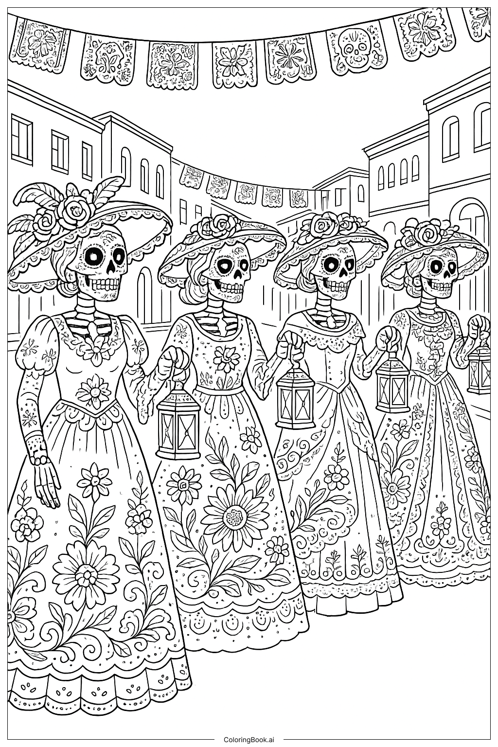  Página para colorear de Procesión de Catrinas con Faroles del Día de los Muertos 