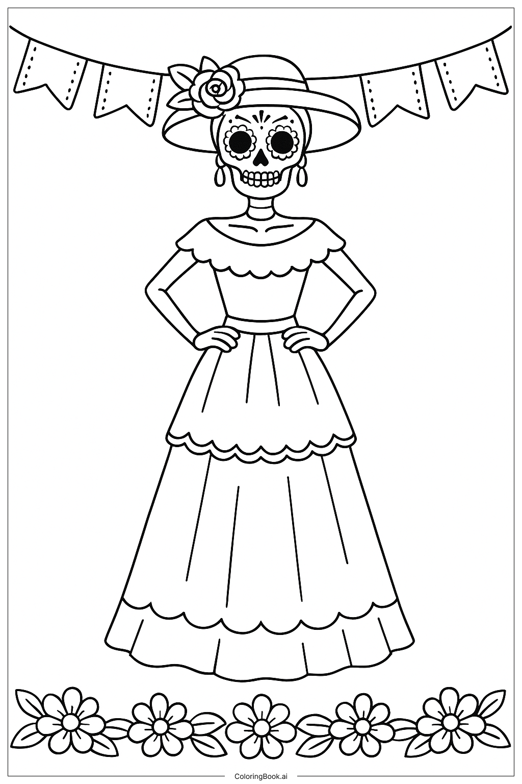  Página para colorear de Catrina del Día de los Muertos con Vestido 