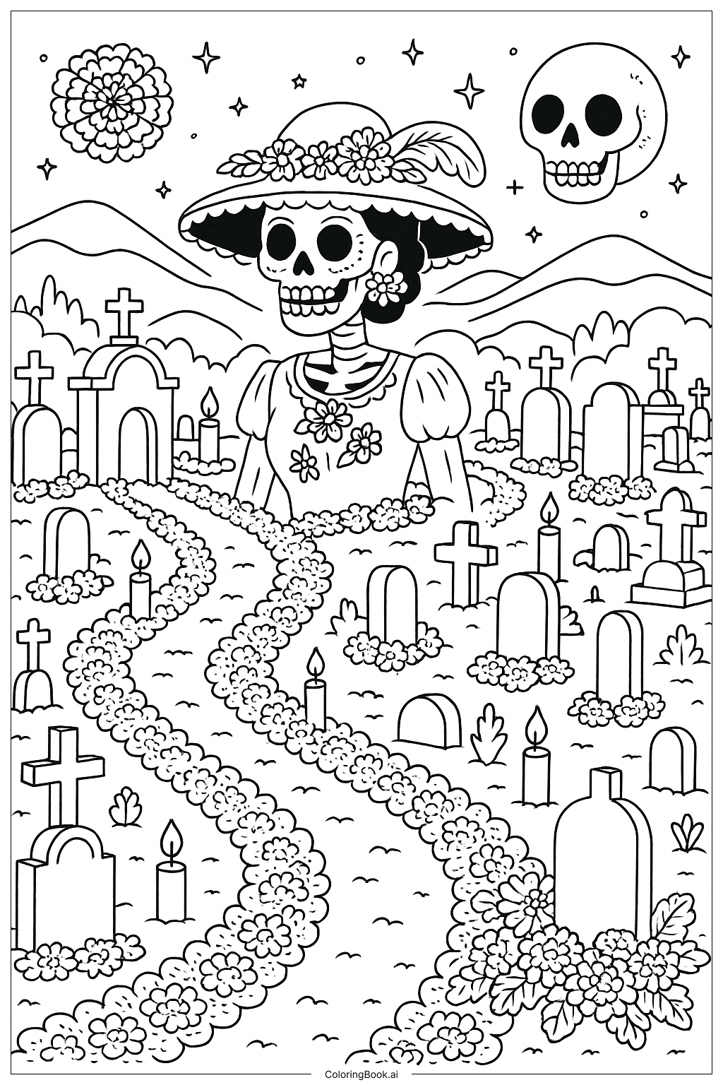  죽은 자들의 날 묘지 야경 색칠공부 페이지 