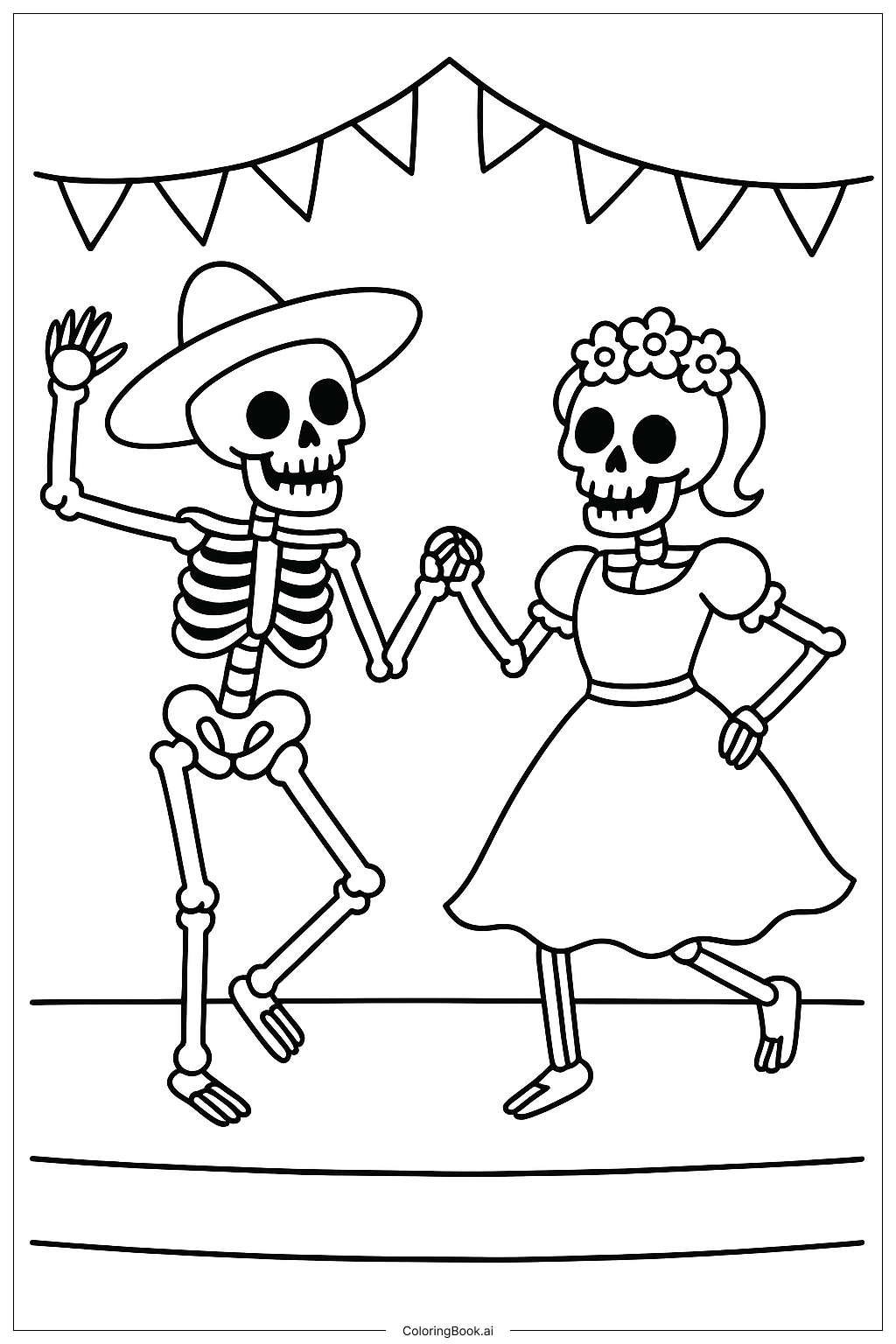  ディア・デ・ロス・ムエルトス 踊る骸骨カップルの塗り絵ページ 