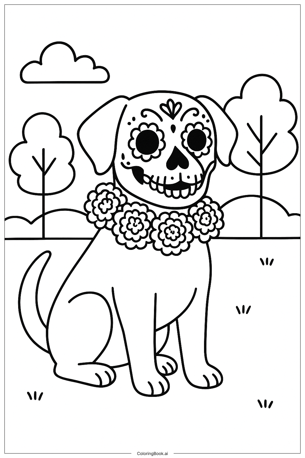  Página para colorir de Cão do Dia de Los Muertos com Coleira de Cravos-de-defunto 