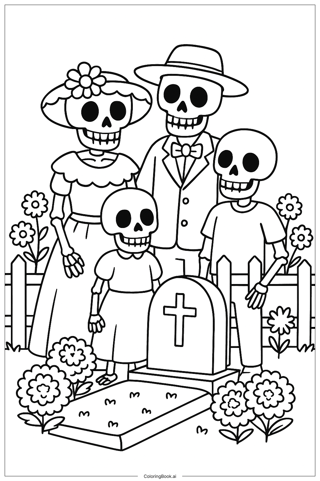  Dia De Los Muertos Family At Grave Coloring Page 