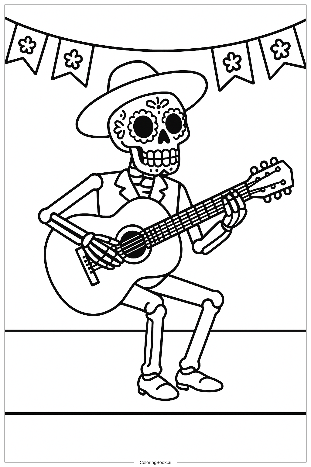  Página para colorear de Esqueleto Tocado de Guitarra del Día de los Muertos 