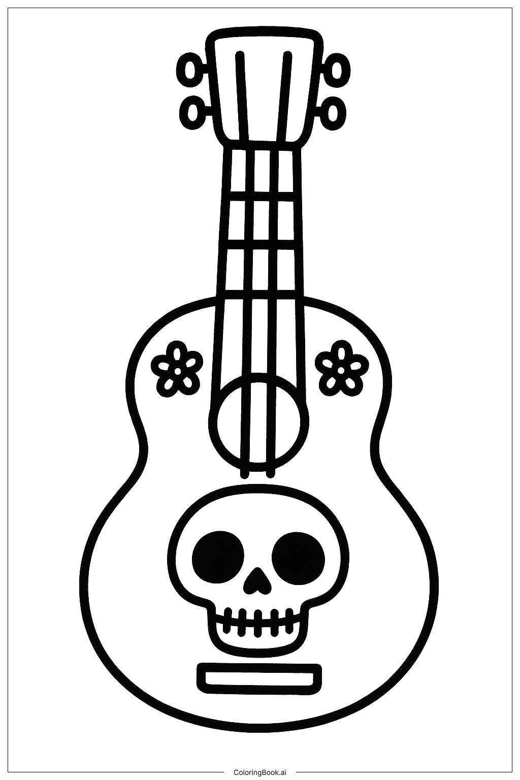  Página para colorear de Guitarra del Día de los Muertos con Calavera 