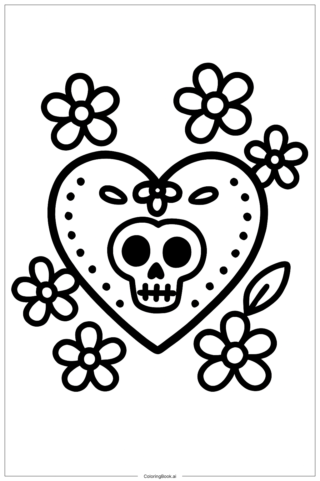  Página para colorear de Corazón del Día de los Muertos con Flores 