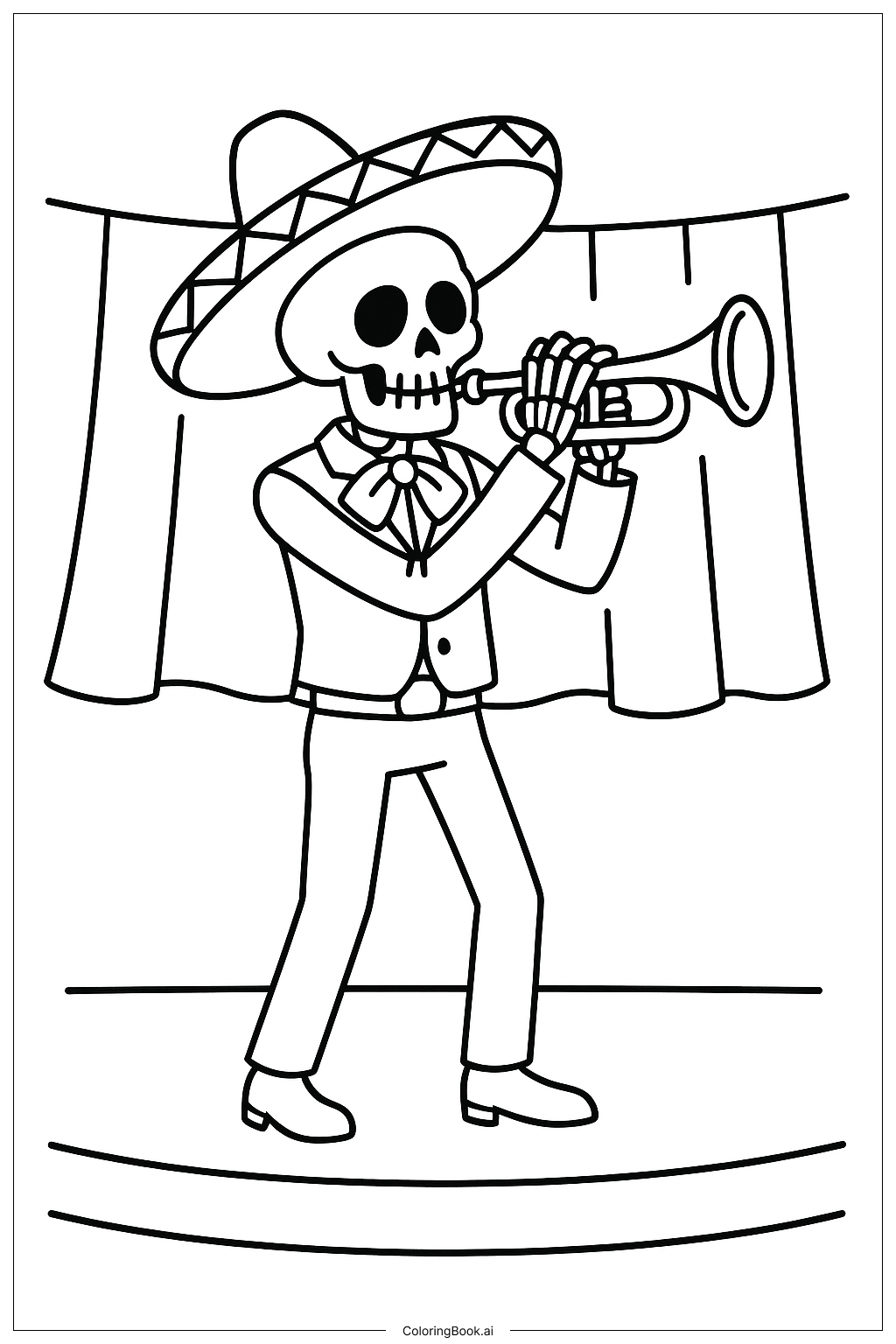  ディア・デ・ロス・ムエルトス・マリアッチ・スケルトンの塗り絵ページ 