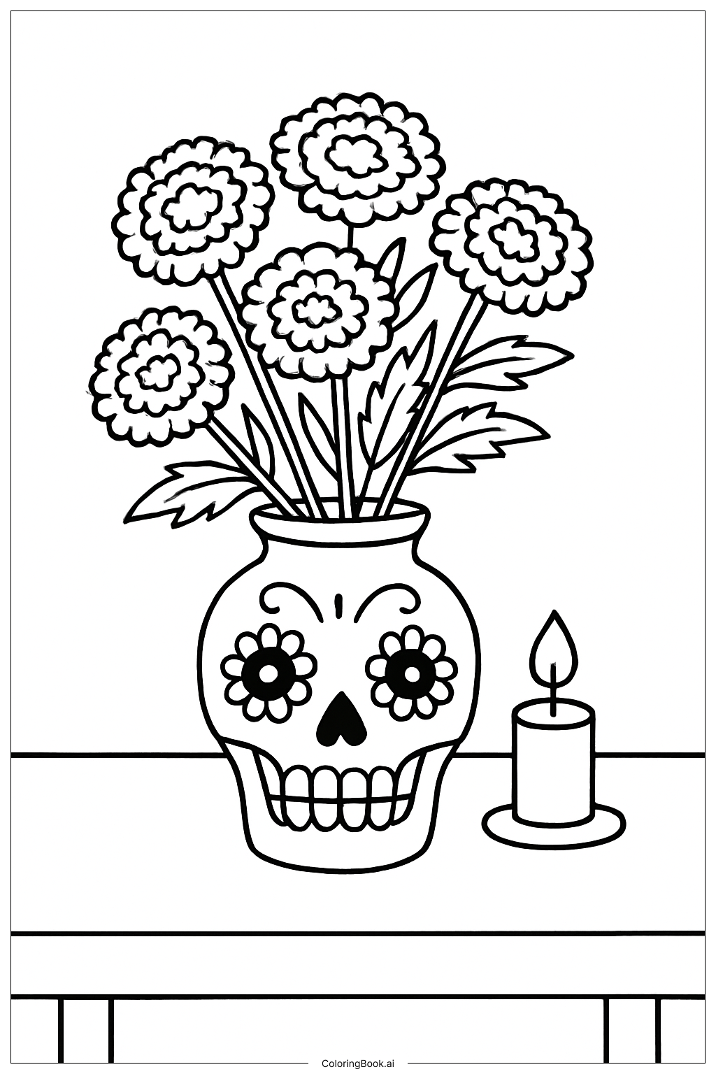  Página para colorir de Vaso de Cempasúchil do Dia de los Muertos na Mesa 