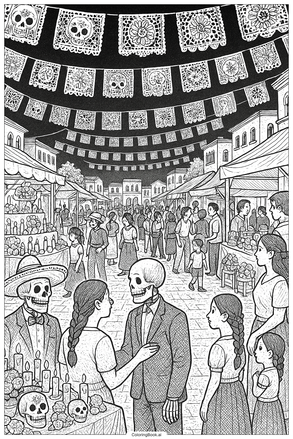  Página para colorear de Plaza Nocturna del Día de los Muertos con Papel Picado 
