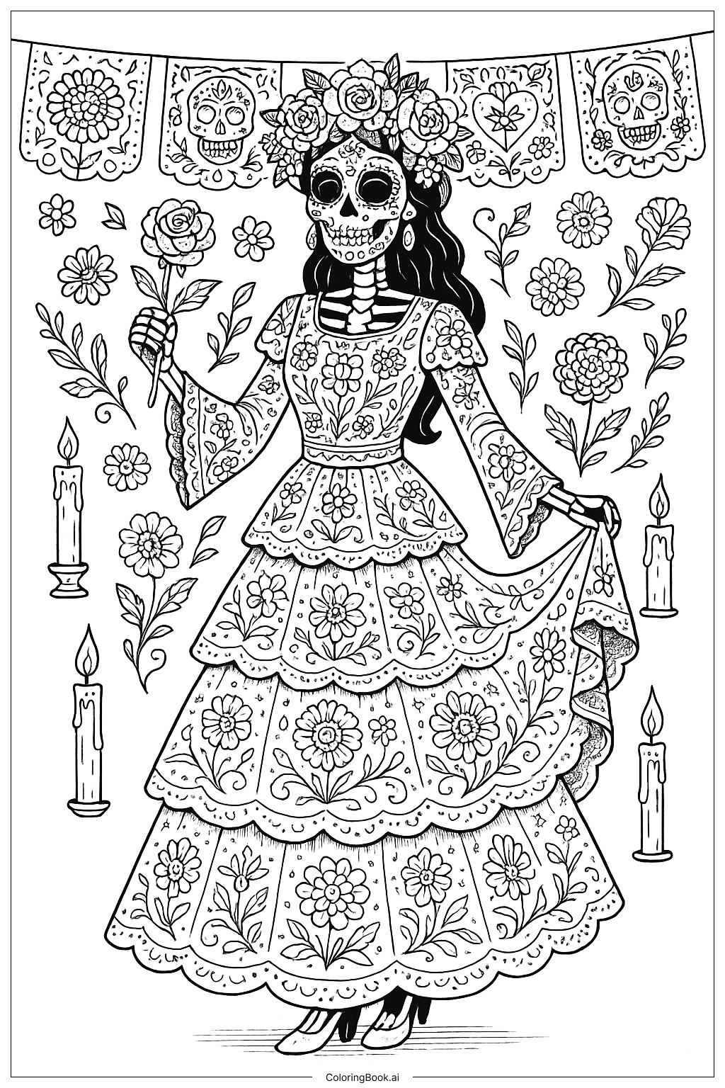  亡靈節華麗貓女著色頁 