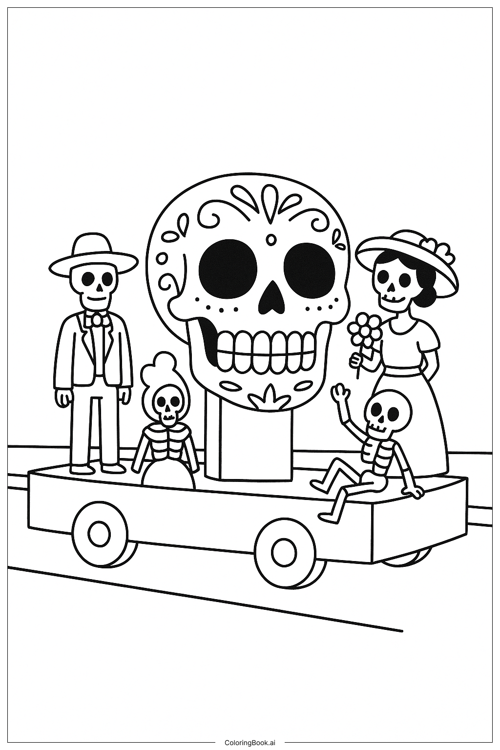  亡灵节游行花车简笔画填色页 