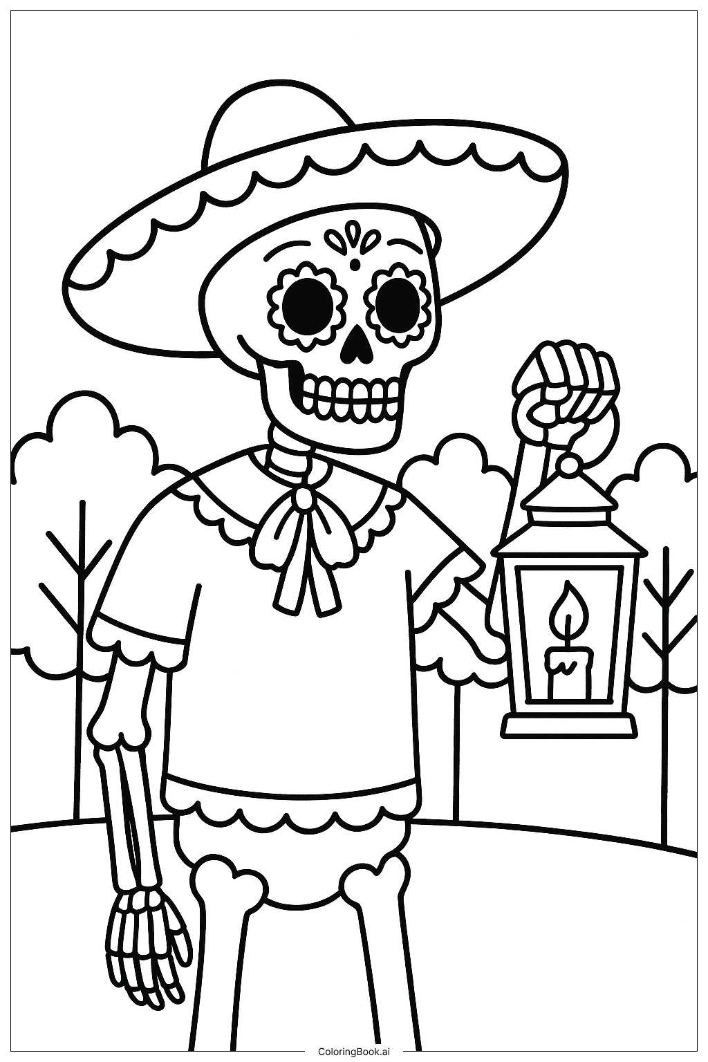  Página para colorir de Esqueleto do Dia de los Muertos segurando lanterna 
