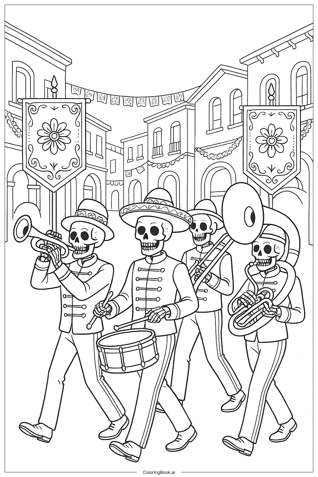  Page de coloriage Fanfare de squelettes du Jour des Morts 