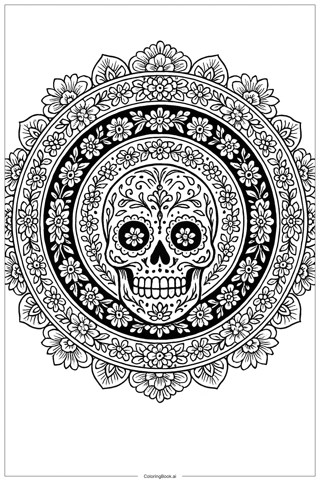  Dia De Los Muertos Skull Mandala Floral Rings Coloring Page 