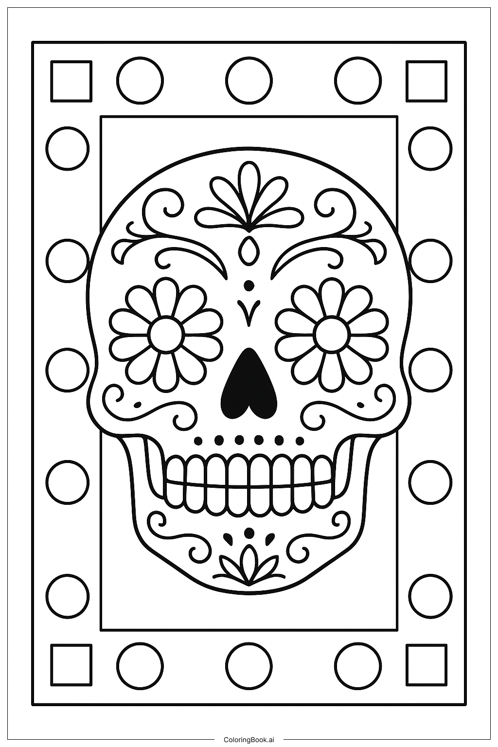  墨西哥亡靈節骷髏與幾何邊框著色頁 