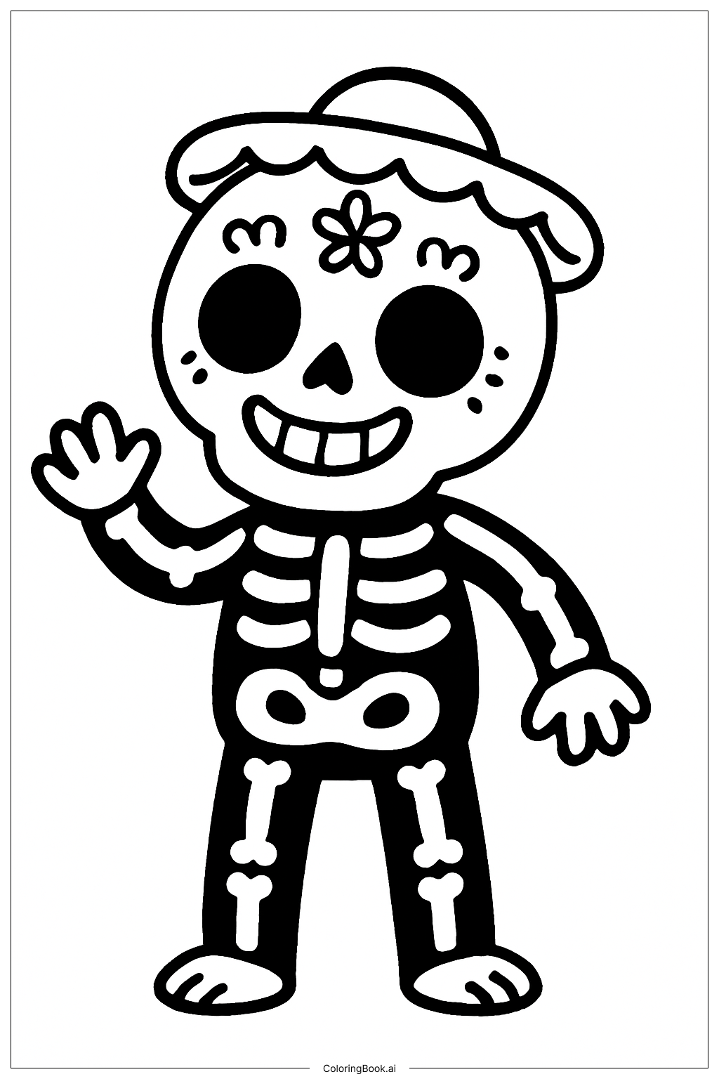  Página para colorear de Niño esqueleto sonriente del Día de los Muertos 