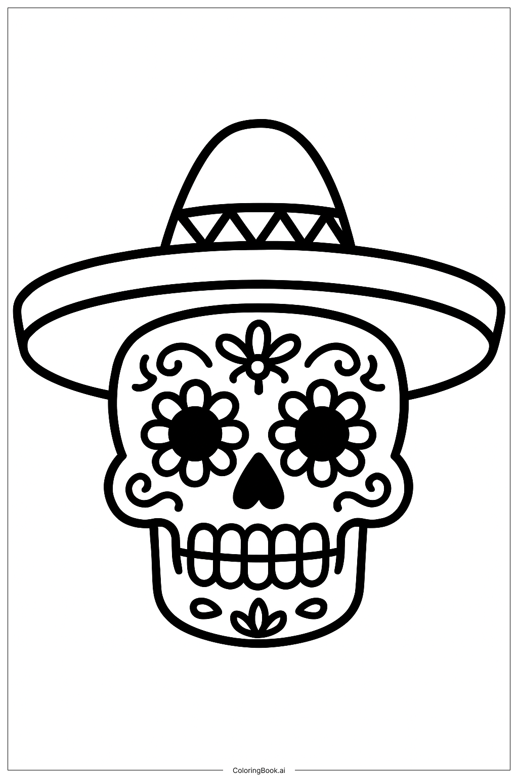  Página para colorir de Caveira com Chapéu Sombrero do Dia de Los Muertos 