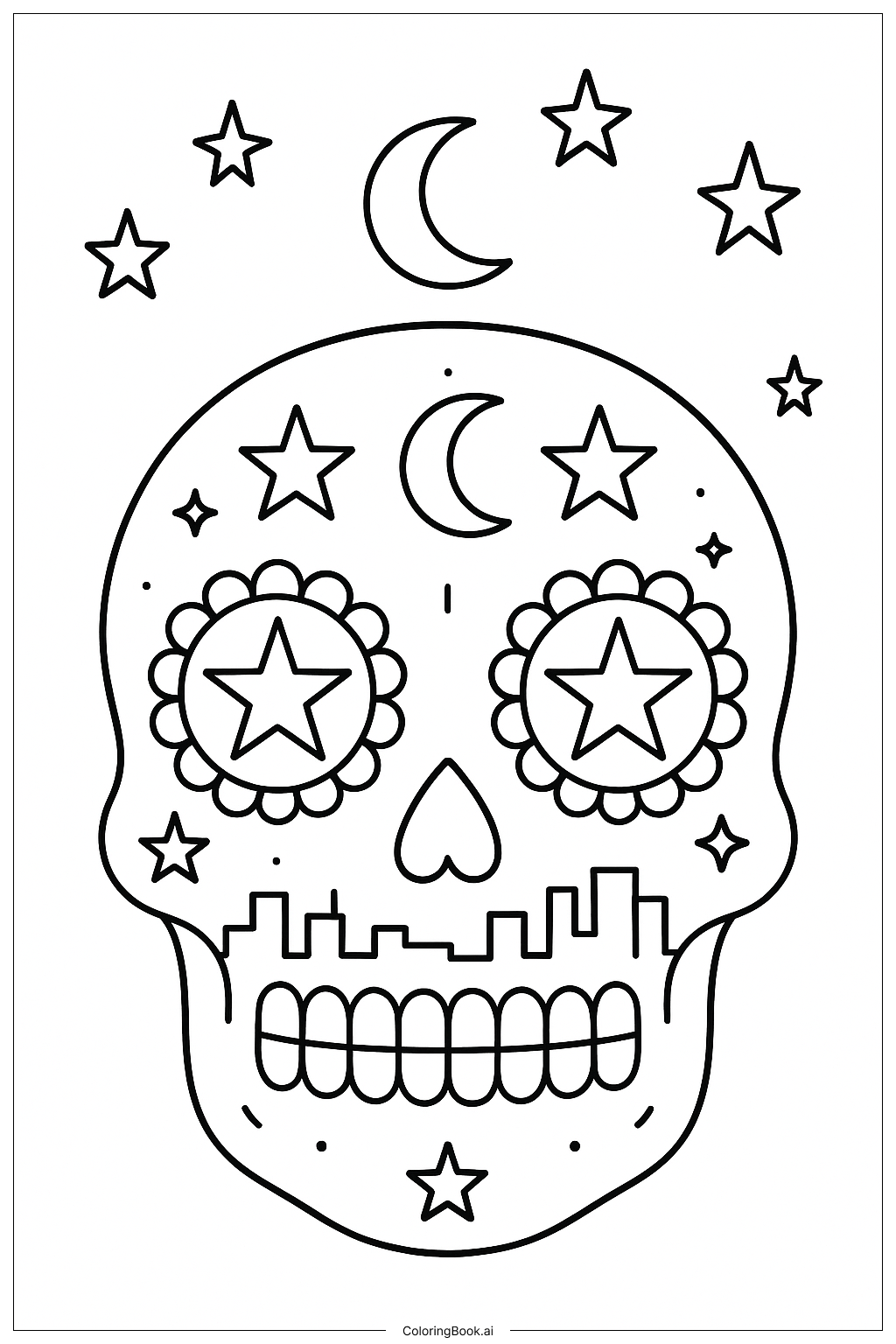  Dia De Los Muertos Sugar Skull Stars Moon Coloring Page 