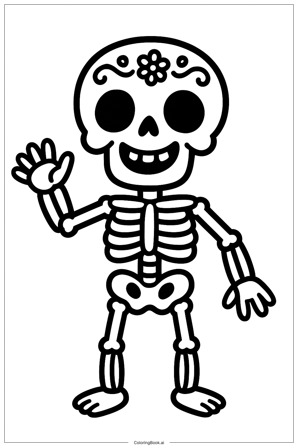  Página para colorir de Esqueleto Acenando do Dia de los Muertos 