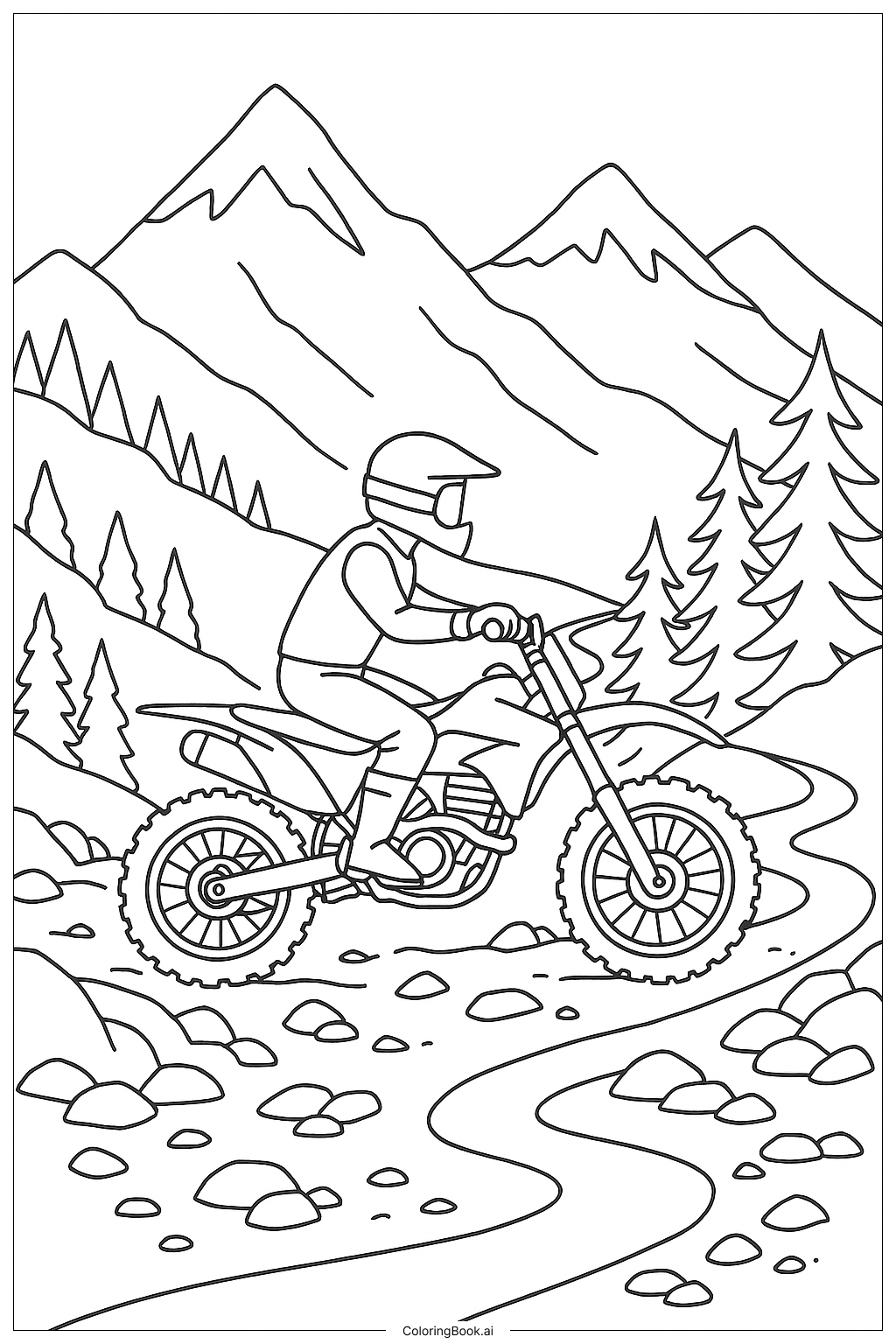  Page de coloriage Aventure en VTT sur Sentier de Montagne 