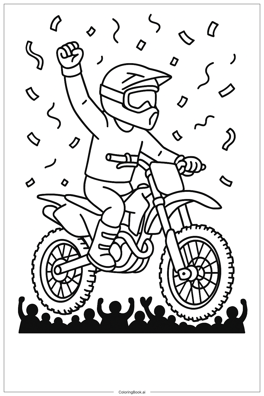  더트 바이크 라이더의 축하 색칠공부 페이지 