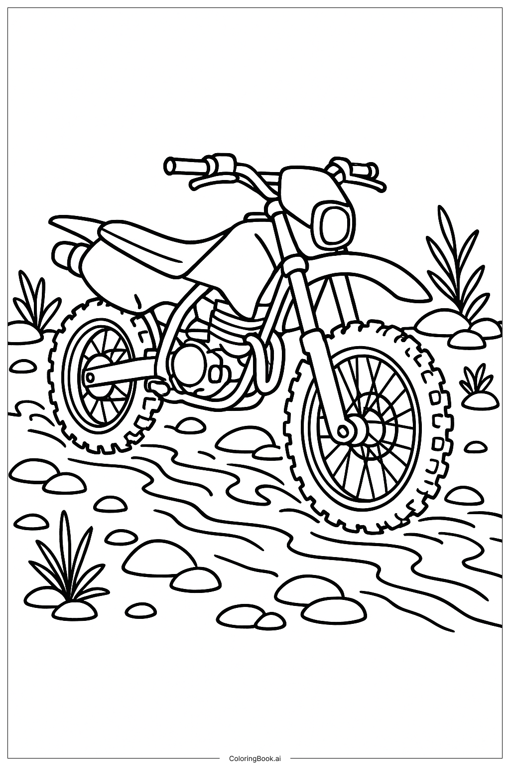  개울을 건너는 먼지 자전거 라이더 색칠공부 페이지 