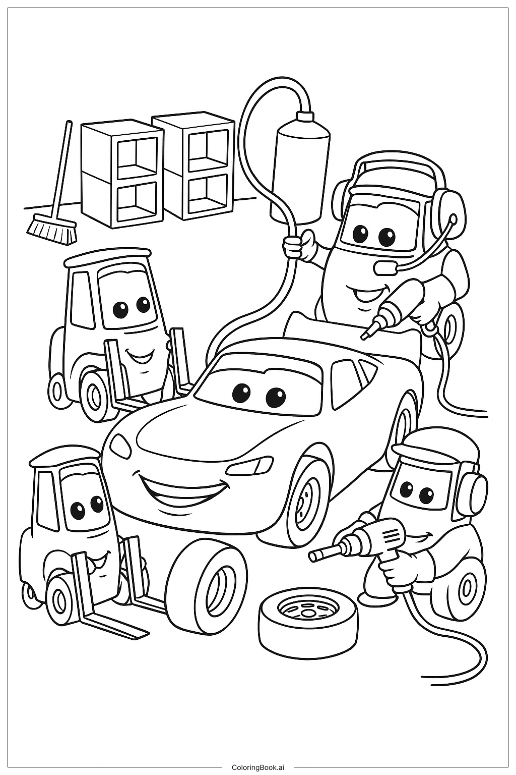  Trang tô màu Đội ngũ thay lốp xe Disney Cars đang làm việc 