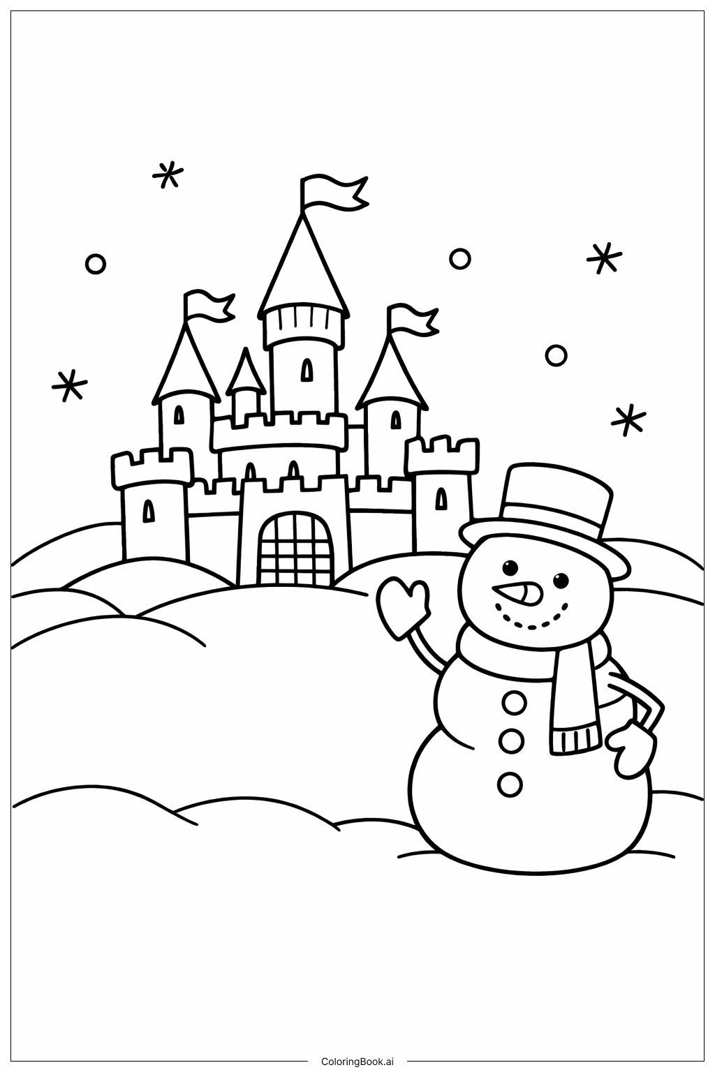  迪士尼圣诞城堡和雪人填色页 
