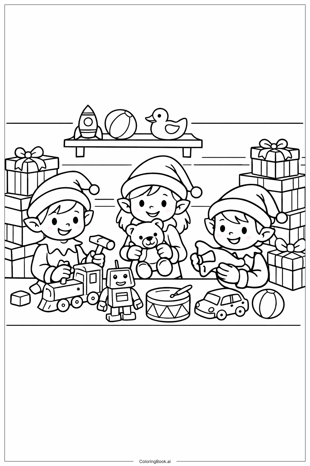  迪士尼圣诞玩具工坊与小精灵填色页 