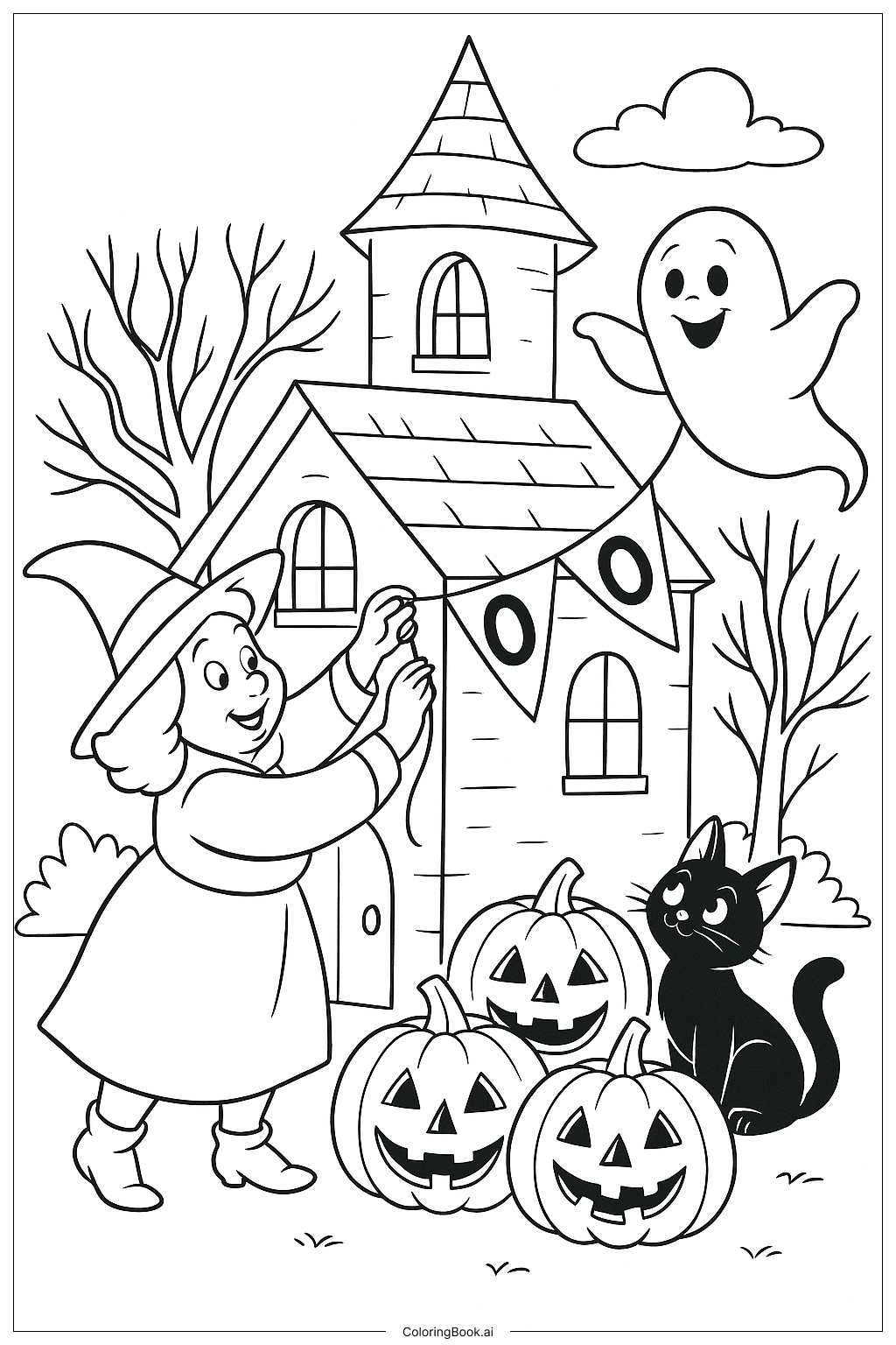 迪士尼万圣节房屋装饰填色页