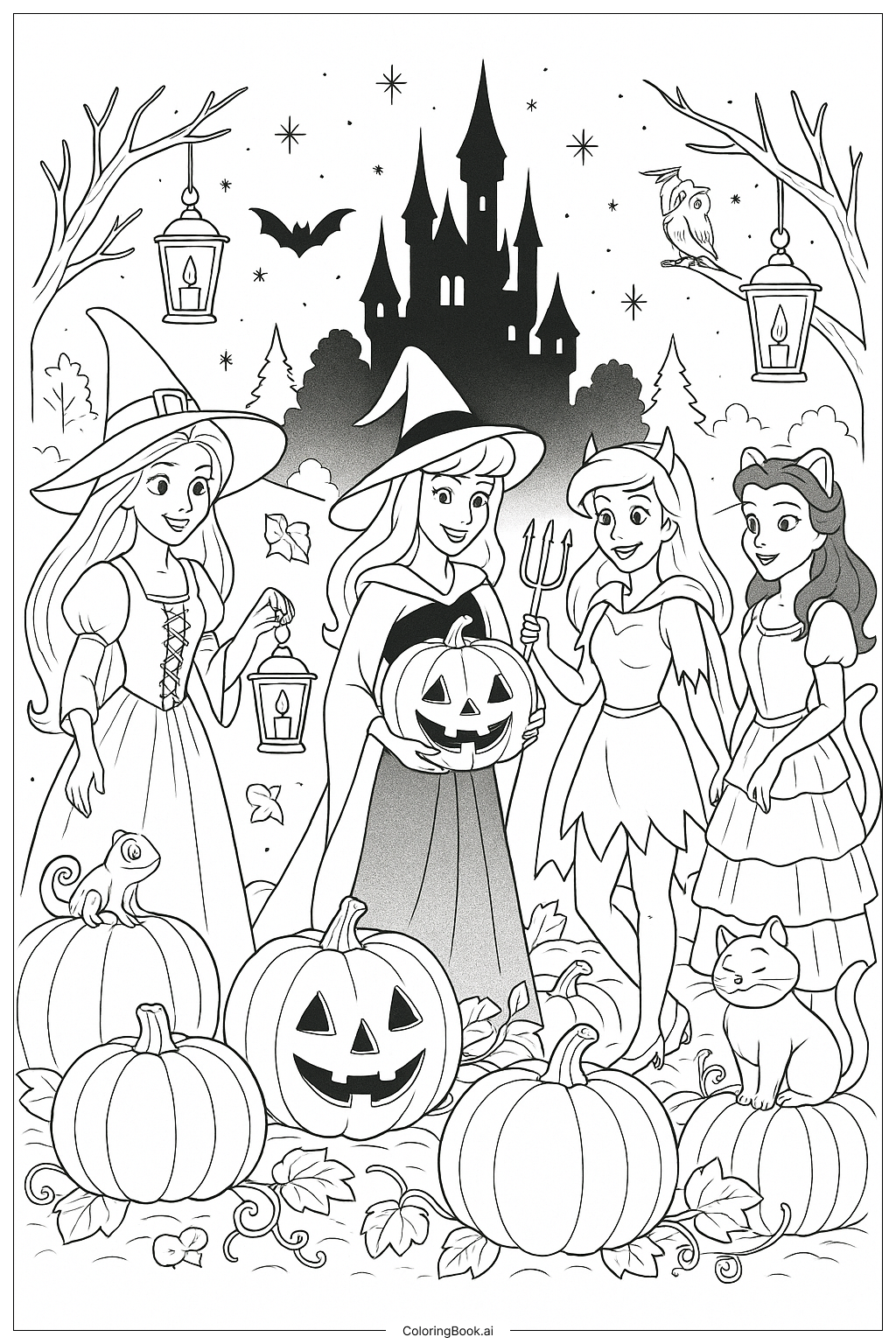  迪士尼万圣节公主南瓜园填色页 