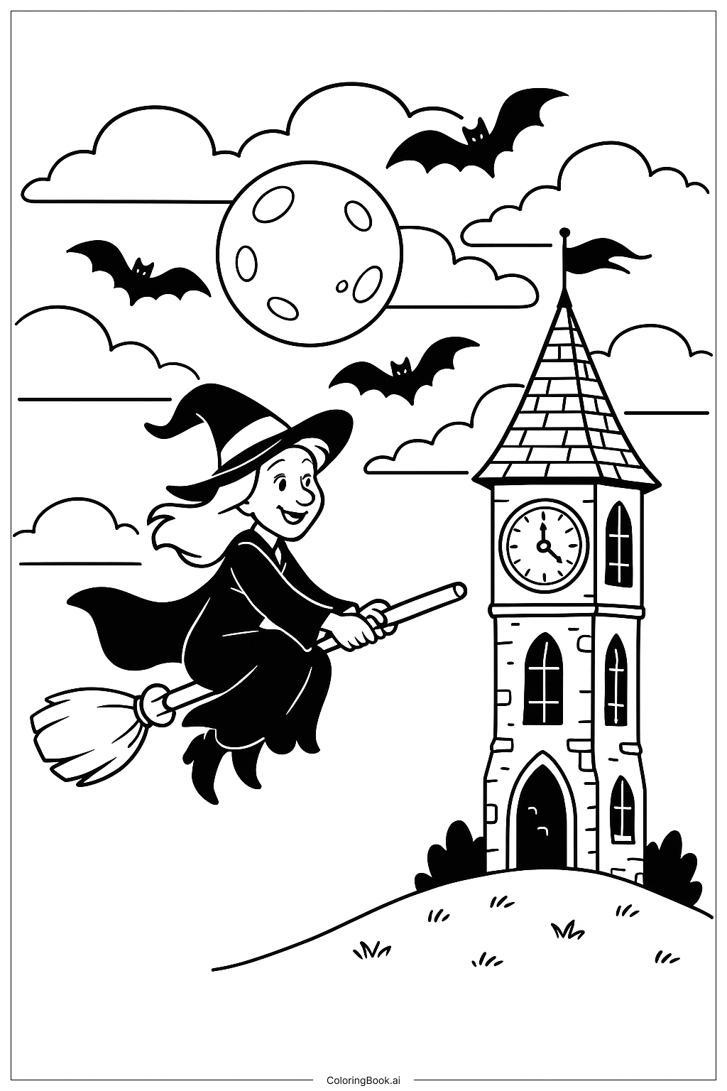 迪士尼万圣节女巫飞行填色页