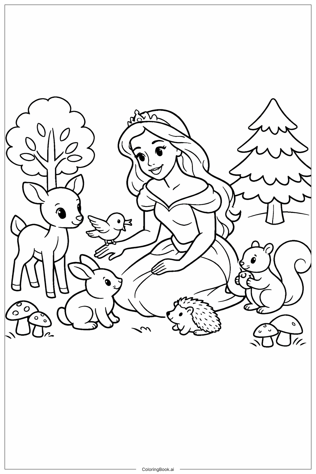  Página para colorir de Princesa Disney Encontrando Criaturas da Floresta 