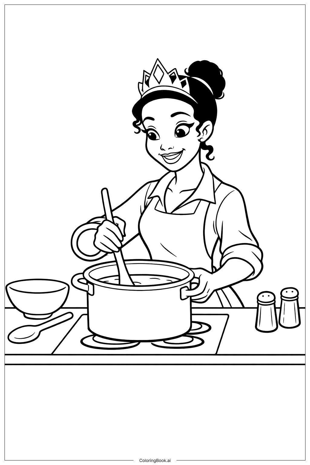  ディズニープリンセス ティアナ キッチンで料理の塗り絵ページ 