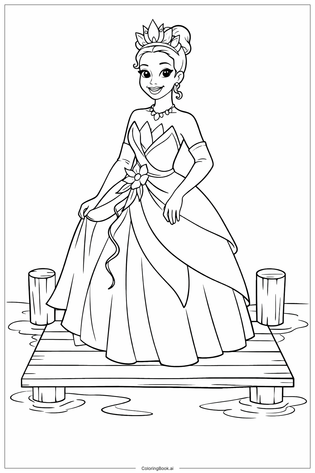  Trang tô màu Công chúa Disney Tiana trên bến tàu 